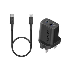 Promate 25W Power Delivery Dual Port Adapter with USB-C to Lightning Cable