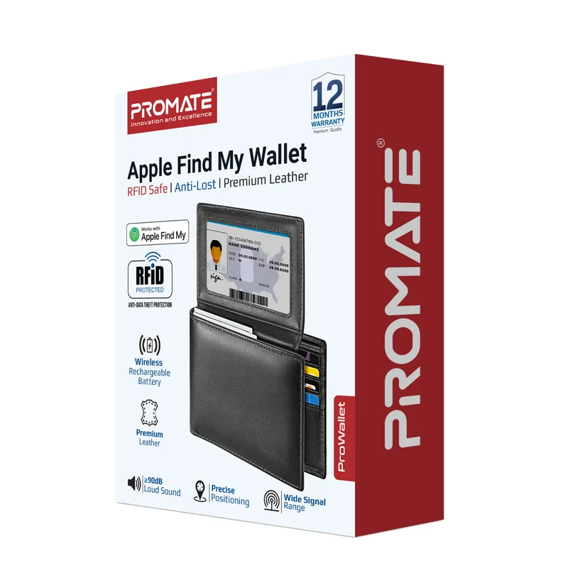 promate Promate ProWallet Black Leather Wallet with Find My Tracking and RFID Protection